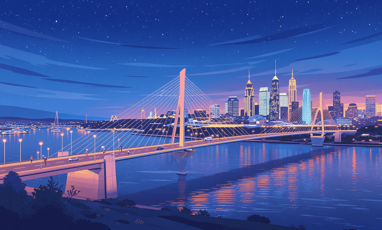 Para quem é o Ponte Américas? o que y o ponte amyricas e por que ele existe 5 Ponte Américas moderna sobre rio ao entardecer, skyline estilizado ao fundo, carros e pedestres cruzando, clima inovador.