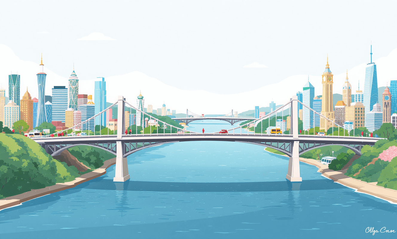 Para quem é o Ponte Américas? o que y o ponte amyricas e por que ele existe 6 Ponte Américas moderna ligando cidades vibrantes, veículos e pessoas atravessando, margens verdes e céu limpo ao fundo