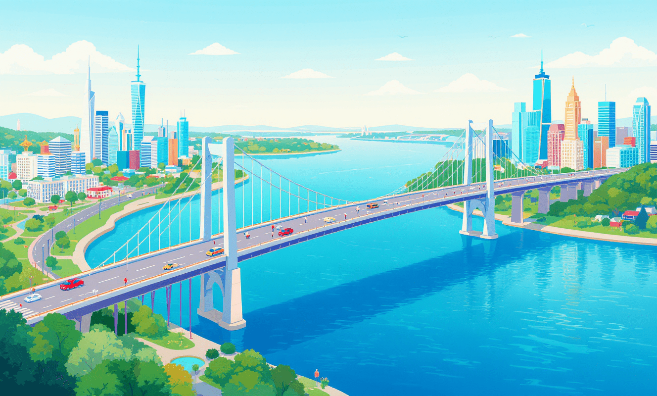 Para quem é o Ponte Américas? o que y o ponte amyricas e por que ele existe 7 Ponte Américas ligando duas cidades vibrantes sobre rio, veículos e pessoas cruzando, cenário verde e atmosfera otimista